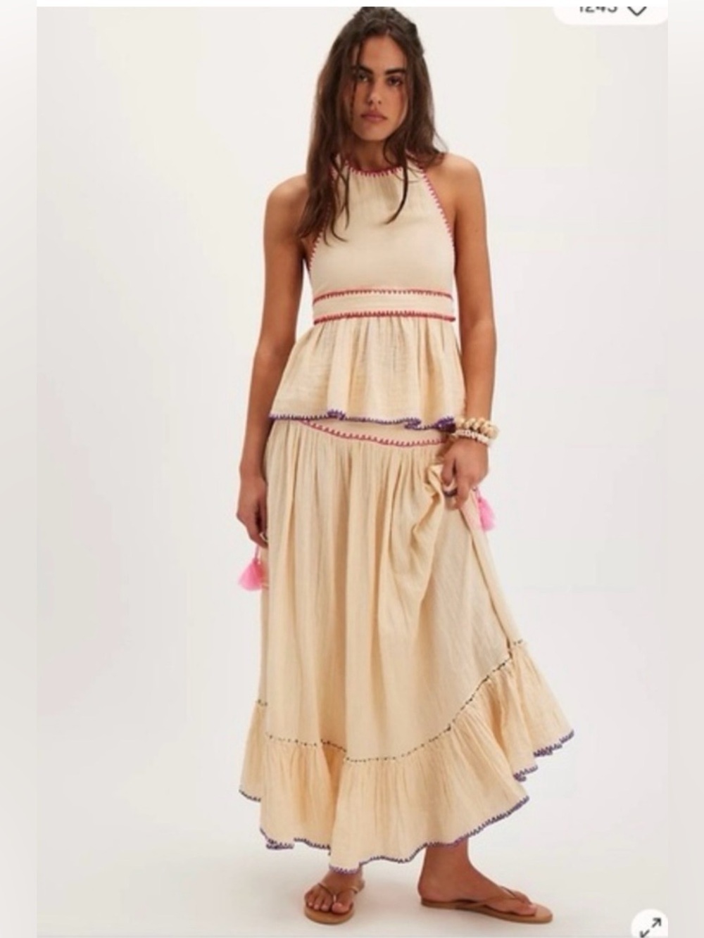 Free People Cream Maxi Skirt Set with Pink & Purple Trim
